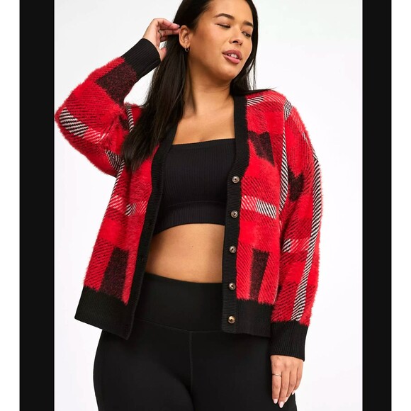 Torrid Cropped Cardigan 3X 22 24 Luxe Plaid Cozy Eyelash Fuzzy Drop Shoulder NWT - Picture 3 of 7